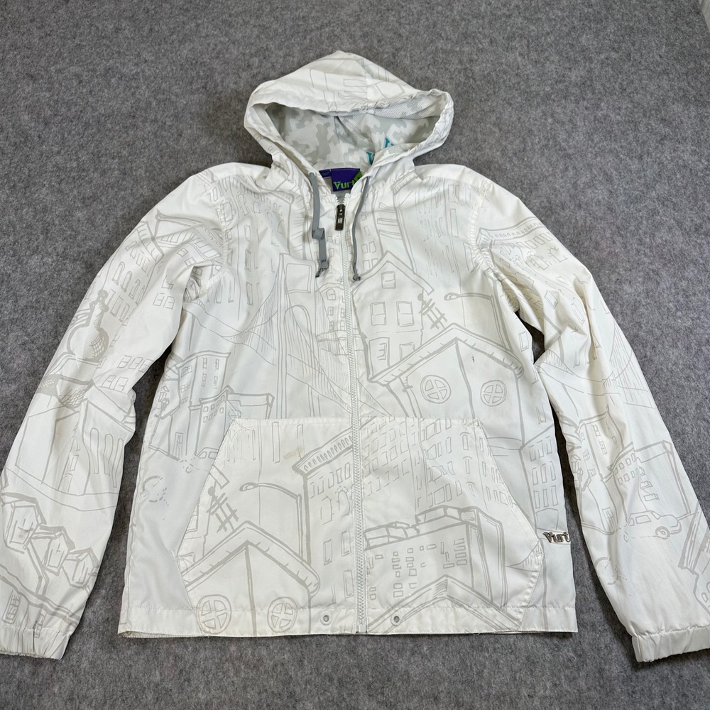 Vurt‎ Windbreaker Jacket Mens Small White Sketch City Print Full Zip Hooded Coat